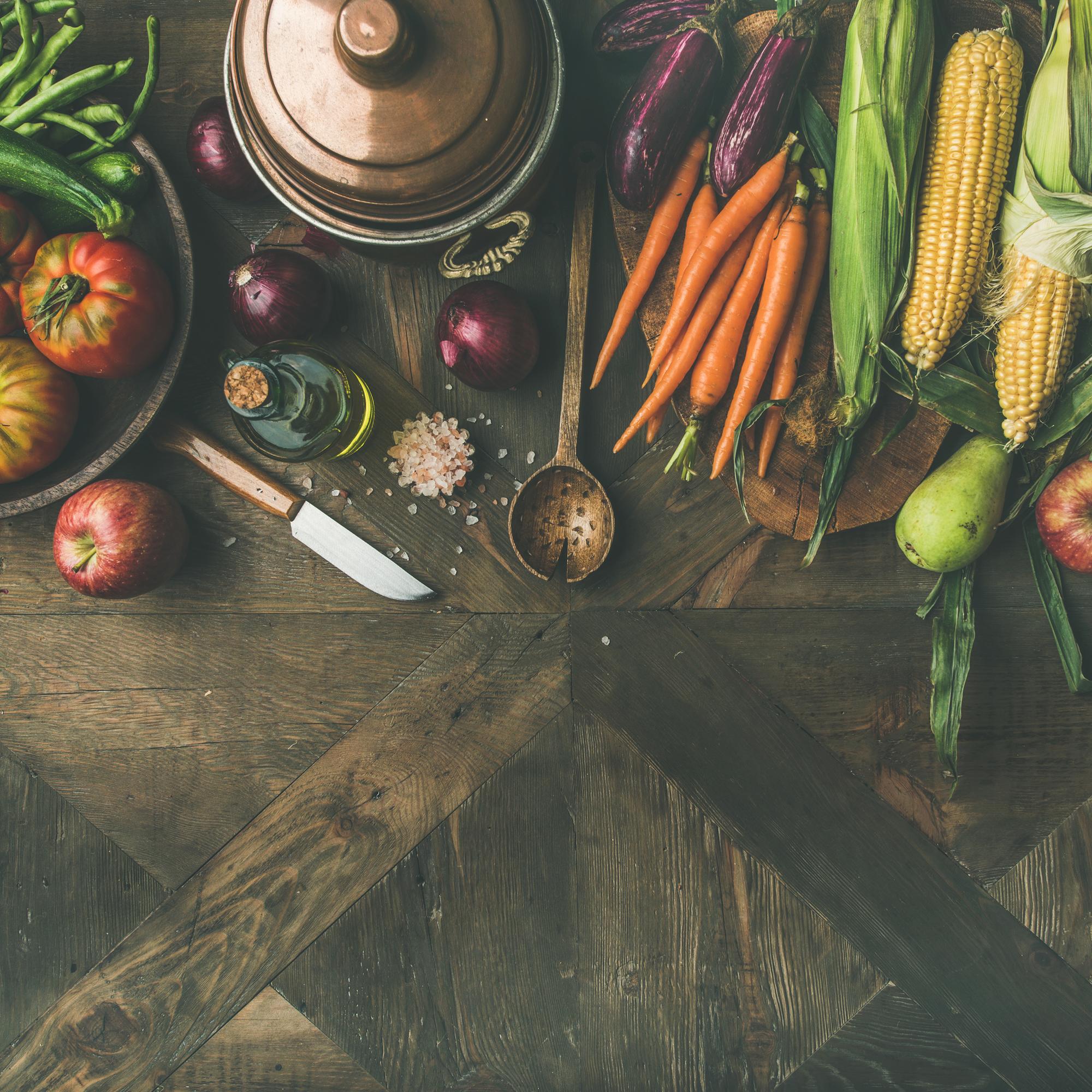 Local kitchen workspace with pots and fresh ingredients
